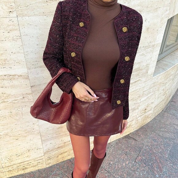 Burgundy Elegant Women's Wine Thick Tweed Round Neck Long Sleeve Jacket - Picture 4 of 6